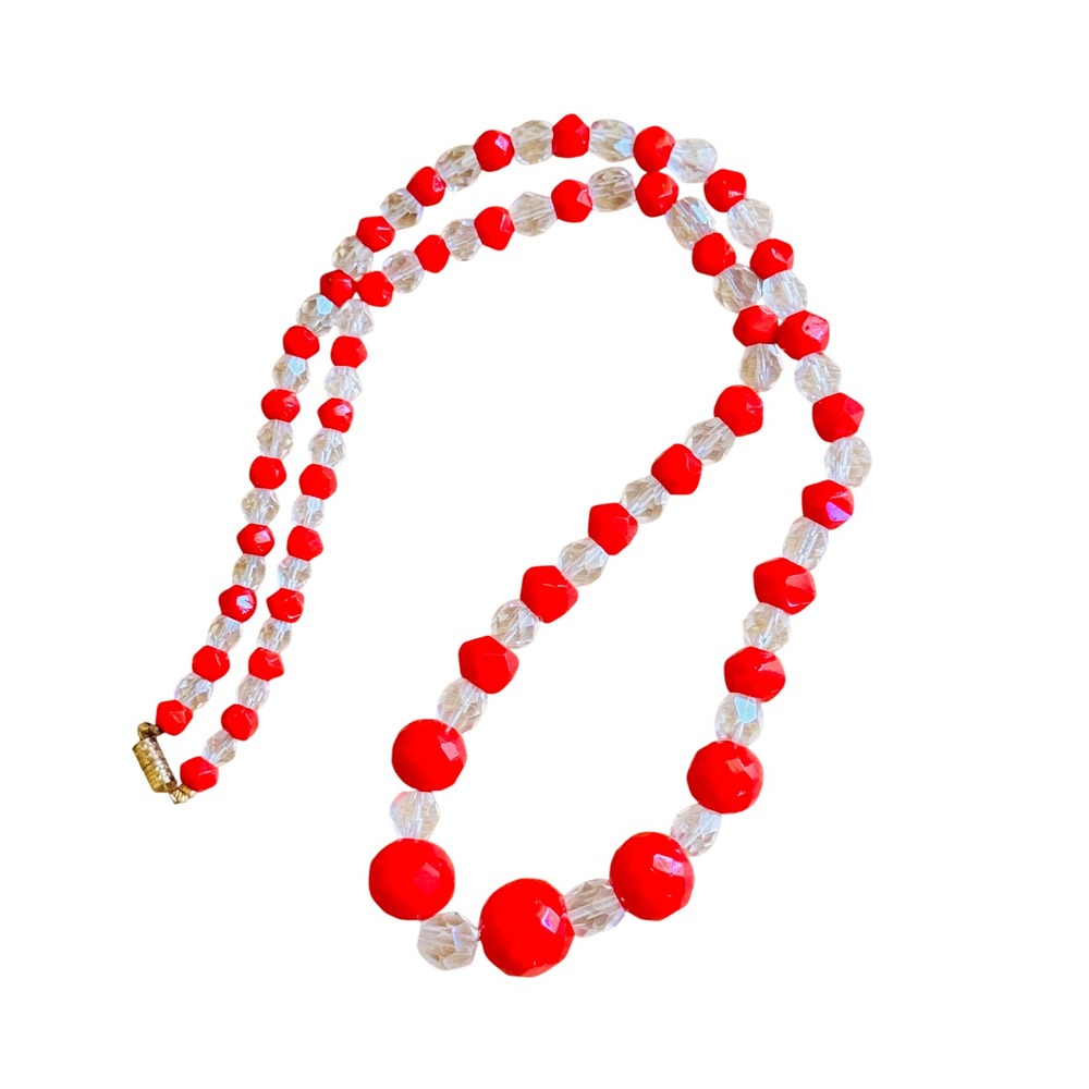 VTG‎ Flapper Art Deco Czech Red Clear Glass Necklace Beads Faceted Graduated 22"